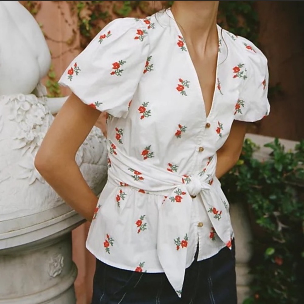 Maeve Anthropologie White Embroidered Floral Puff Sleeve Top Sz 12 Cottage Boho